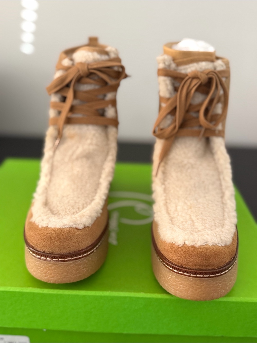 Sam Edelman Tan Suede Shearling Lace-Up Ankle Boots